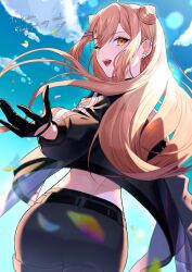 1girl artist_request ass belt character_request ear_piercing gloves one_eye_closed piercing shorts smile tagme wink