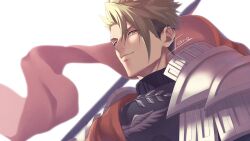 Rule 34 | 1boy, achilles (fate), armor, blurry, closed mouth, depth of field, fate/apocrypha, fate (series), green hair, looking at viewer, male focus, orange eyes, polearm, portrait, red sash, sash, shoulder armor, signature, simple background, solo, terra ekm, undercut, weapon, white background
