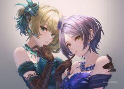 2girls :o black_gloves blue_dress blue_hair commentary dress earrings feather_earrings feathers gloves green_dress green_hair hayami_kanade highres idolmaster idolmaster_cinderella_girls idolmaster_cinderella_girls_starlight_stage jewelry lace lace-trimmed_gloves lace_trim looking_at_viewer mole mole_under_eye multiple_girls pretty_liar_(idolmaster) takagaki_kaede twitter_username upper_body yuusha_(hwhe2257)