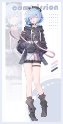 1girl :d ahoge beret black_choker black_hoodie black_jacket black_shorts black_socks blue_hair blush character_name choker color_guide full_body gloves hair_ornament hairclip hat highres hood hood_down hoodie jacket leg_warmers long_hair long_sleeves looking_at_viewer loose_socks medium_hair open_mouth orange_eyes original pink_ribbon puffy_long_sleeves puffy_sleeves ribbon satoh_vrc short_shorts shorts sleeves_past_fingers sleeves_past_wrists smile socks solo standing thigh_strap tongue tongue_out white_background white_gloves yellow_eyes zipper zipper_pull_tab zoom_layer