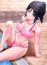 Rule 34 | 1girl, alternate costume, bare shoulders, bikini, black hair, blue eyes, blush, breasts, cleavage, closed mouth, collarbone, hibike! euphonium, highres, kasaki nozomi, large breasts, long hair, myjiq, navel, outdoors, pink bikini, ponytail, pool, poolside, smile, solo, stomach, swimsuit, water