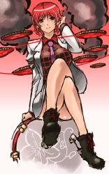 Rule 34 | 1girl, blush, boots, cloud, crossed legs, drum, drum set, female focus, hair flip, highres, horikawa raiko, instrument, jacket, looking at viewer, mitsudomoe (shape), nameo (judgemasterkou), necktie, oekaki, plaid clothes, plaid shirt, preening, purple necktie, shirt, short hair, sitting, sitting on drum, sitting on object, sketch, sky, solo, taiko drum, tomoe (symbol), touhou