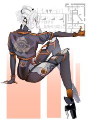 1girl absurdres donuts_miso drill_hair from_behind full_body grey_hair high_heels highres karenina:_ember_(machina)_(pgr) karenina_(pgr) mechabare mechanical_arms mechanical_legs ok_sign orange_eyes punishing:_gray_raven sidelocks sitting solo subdermal_port twin_drills