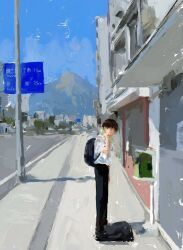 Rule 34 | 1boy, backpack, bag, black hair, black pants, blue sky, building, city, day, fuyumurasaki, highres, holding, holding phone, ikari shinji, male focus, mountainous horizon, neon genesis evangelion, outdoors, painterly, pants, phone, road, shirt, short hair, sign, sky, solo, very short hair, walkway, white shirt