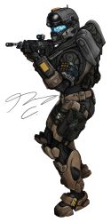 1boy absurdres aiming armor battle_rifle bullet bullpup commentary commission english_commentary gloves gun halo:_reach halo_(series) highres holding holding_gun holding_weapon m392_marksman pickledgear power_armor rifle science_fiction scope signature solo spartan_(halo) transparent_background visor weapon white_background
