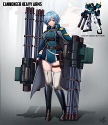 Rule 34 | 1girl, absurdres, blue hair, boots, breasts, caiman pool, cape, chain gun, clown mask, dual wielding, full body, gatling gun, gloves, grey eyes, gundam, gundam heavyarms custom, gundam wing, gundam wing: endless waltz, hair over one eye, highres, holding, knife sheath, long sleeves, mask, medium breasts, military uniform, sheath, shiny skin, skindentation, standing, thigh strap, thighhighs, white thighhighs, zoom layer