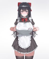 1girl absurdres apron black_dress black_hair black_thighhighs blue_eyes blush bow bowtie braid breasts buttons closed_mouth collared_dress commentary_request double_v dress frilled_apron frilled_dress frills hair_bow hair_ornament hands_up heart heart_hair_ornament highres korean_commentary large_breasts long_hair looking_at_viewer maid maid_apron nail_polish name_tag red_bow red_bowtie red_nails sangobob shirayuki_hina short_sleeves single_braid solo standing stellive straight-on sweatdrop thighhighs thighs v very_long_hair virtual_youtuber white_apron