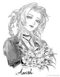 Rule 34 | 1girl, aerith gainsborough, braid, braided ponytail, choker, commentary request, cropped jacket, dizi930, final fantasy, final fantasy vii, flower, greyscale, hair ribbon, highres, jacket, long hair, looking at viewer, monochrome, parted bangs, parted lips, ribbon, short sleeves, sidelocks, solo, upper body, white background