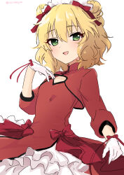 Rule 34 | 1girl, absurdres, blonde hair, blush, china dress, chinese clothes, double bun, dress, flat chest, gloves, green eyes, hair bun, highres, idolmaster, idolmaster cinderella girls, idolmaster cinderella girls u149, looking at viewer, open mouth, red dress, roccamoya, sakurai momoka, short hair, smile, solo, white background