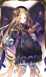 1girl abigail_williams_(fate) black_bow blonde_hair bloomers blue_eyes bow fate/grand_order fate_(series) forehead hair_bow hat long_hair milbi multiple_hair_bows multiple_hat_bows orange_bow parted_bangs polka_dot polka_dot_bow sleeves_past_fingers sleeves_past_wrists solo stuffed_animal stuffed_toy teddy_bear too_many_bows underwear white_bloomers
