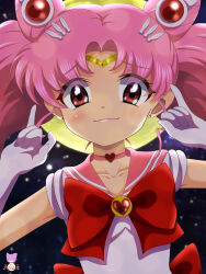 Rule 34 | 1girl, absurdres, bishoujo senshi sailor moon, black sky, chibi usa, choker, elbow gloves, full moon, gloves, highres, leotard, long hair, looking at viewer, moon, night, night sky, nyahoekaki1, pink choker, pink hair, pink sailor collar, red eyes, sailor chibi moon, sailor collar, shukusei!! loli-kami requiem, sky, smile, solo, twintails, white gloves, white leotard