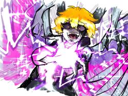 1girl black_sclera breasts colored_sclera corruption don_quixote_(project_moon) e.g.o_(project_moon) horns imminent_attack in_the_name_of_love_and_hate_(e.g.o) large_breasts library_of_ruina limbus_company open_mouth pink_eyes project_moon queen_of_hatred short_hair solo udiedguy wings