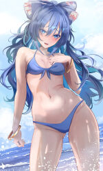 Rule 34 | 1girl, alternate costume, bangle, bikini, blue bikini, blue bow, blue eyes, blue hair, blue ribbon, blue sky, blush, bow, bracelet, breasts, cloud, cloudy sky, commentary request, cowboy shot, day, debt, empty eyes, fingernails, hair between eyes, hair bow, hand on own chest, hand up, highres, jewelry, long hair, looking at viewer, medium breasts, nail polish, navel, niradama (nira2ratama), ocean, open mouth, outdoors, pink nails, ribbon, sidelocks, sky, smile, solo, standing, summer, swimsuit, touhou, wavy hair, yorigami shion