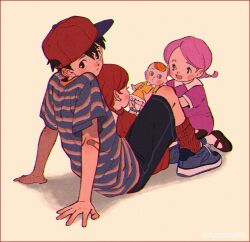 Rule 34 | 1boy, 2girls, bandaid, bandaid on arm, black eyes, black hair, black shorts, border, character request, closed mouth, doll, dress, hair between eyes, hat, highres, kwsby 124, looking at viewer, male focus, mother (series), mother 1, multiple girls, ninten, nintendo, open mouth, pink dress, pink hair, red dress, red hair, red socks, shirt, shoes, short sleeves, shorts, simple background, sitting, sneakers, socks, striped clothes, striped shirt