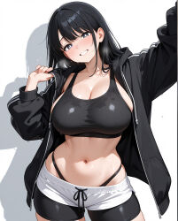 1girl black_hair breasts cleavage fitnessgram_pacer_test grey_eyes highres jacket large_breasts long_hair navel non-web_source parted_lips selfie short_shorts shorts smile solo sweat sweaty_clothes thong wide_hips