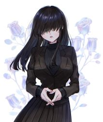 1girl black_hair black_jacket black_skirt black_sweater blazer blush breasts commentary covered_eyes facing_viewer floating_hair floral_background flower hair_over_eyes highres interlocked_fingers jacket kakure_meme kimi_no_koto_ga_dai_dai_dai_dai_daisuki_na_100-nin_no_kanojo large_breasts long_bangs long_hair long_sleeves mole mole_under_mouth ohananomitsu_high_school_uniform open_mouth own_hands_together pleated_skirt qu_qu71 rose school_uniform skirt solo sweater symbol-only_commentary turtleneck turtleneck_sweater