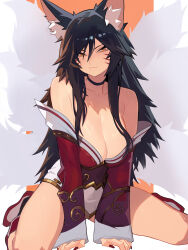1girl ahri_(league_of_legends) animal_ears bare_shoulders breasts brown_eyes brown_hair choker cleavage cleft_of_venus closed_mouth commentary curvy distr english_commentary facial_mark fox_ears fox_girl fox_tail hair_between_eyes highres kitsune korean_clothes kyuubi large_breasts league_of_legends long_hair long_sleeves looking_at_viewer multiple_tails pussy red_choker redrawn simple_background solo tail thighs whisker_markings white_background