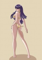 1girl ass bikini blush breasts diamond_print ear_piercing earrings female_focus from_behind full_body gold_bikini hair_over_one_eye highres jewelry large_breasts long_hair looking_at_viewer open_mouth piercing purple_hair red_eyes shizuhara_hiruko simple_background solo solo_focus standing swimsuit the_hundred_line_-last_defense_academy- turning_head yellow_background