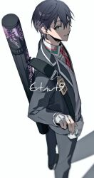 Rule 34 | 1boy, 6tnut9, artist name, bandaged hand, bandages, black jacket, black pants, blazer, collared shirt, commentary request, first aid kit, green eyes, grey sweater, hair between eyes, jacket, kenmochi touya, kenmochi touya (1st costume), lapels, long sleeves, looking at viewer, looking to the side, male focus, necktie, nijisanji, omamori, open clothes, open jacket, pants, parted lips, plaid clothes, plaid necktie, purple hair, red necktie, school uniform, shadow, shirt, short hair, simple background, smile, solo, standing, sweater, virtual youtuber, weapon bag, white background, white shirt, wing collar