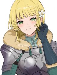 Rule 34 | 1girl, armor, blonde hair, blunt bangs, bob cut, breasts, closed mouth, fire emblem, fire emblem: three houses, fire emblem warriors: three hopes, flower, fur trim, gloves, green eyes, hair flower, hair ornament, hand on own ear, highres, ingrid brandl galatea, light blush, long sleeves, looking at viewer, medium breasts, nintendo, official alternate costume, official alternate hair length, official alternate hairstyle, shoulder armor, simple background, solo, upper body, white background, yuurururun