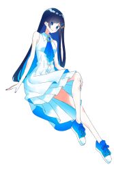 Rule 34 | 1girl, absurdres, black hair, blue eyes, blue nails, blue ribbon, blue shoes, brooch, buttons, cevio, collared dress, colored inner hair, cross-laced clothes, cross-laced dress, dress, embroidery, full body, futaba minato, gradient neck ribbon, hair ornament, hairclip, highres, invisible chair, jewelry, koweraki, lace trim, layered dress, long hair, looking at viewer, multicolored hair, nail polish, ribbon, shoes, simple background, single sidelock, sitting, sleeveless, sleeveless dress, sneakers, solo, swept bangs, two-sided fabric, white background, white dress