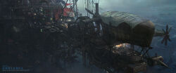 2020 absurdres aircraft artstation_username cable chinese_commentary commentary_request day dirigible factory highres house industrial industrial_pipe no_humans ocean original outdoors raymond_hanhao ripples scenery water_wheel watermark