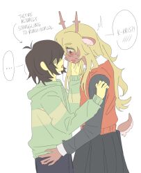 ... 1girl 1other animal_ears antlers black_skirt colored_skin commentary deer_antlers deer_ears deer_girl deer_tail deltarune english_commentary english_text furry furry_female green_hoodie hand_on_another&#039;s_face hand_on_another&#039;s_hip highres hood hoodie horns kris_(deltarune) noelle_holiday other_with_female partially_shaded_face red_sweater_vest skirt speech_bubble spoken_ellipsis striped_clothes striped_hoodie sweater_vest tail virchemore yellow_skin