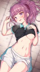 1girl absurdres areola_slip black_shirt blush breasts clothes_lift collarbone collared_shirt embarrassed hair_tie highres kanikatsuya looking_at_viewer lying medium_breasts midriff navel on_back original pink_eyes pink_hair shirt shirt_lift shorts smile solo solo_focus sportswear sweat twirling_hair two-tone_shirt two-tone_shorts white_shorts
