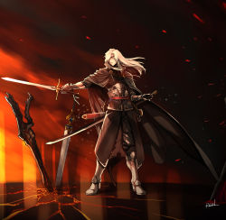 1boy absurdres armor black_cape cape copyright_request crack cracked_floor dagger embers gauntlets greaves hair_over_one_eye highres holding holding_sword holding_weapon katana knife long_hair male_focus parted_lips red_eyes rein00 rhapsody_of_zephyr scabbard sheath sheathed signature solo standing sword the_war_of_genesis weapon white_hair