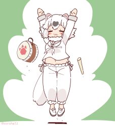 1girl animal_ears arms_up closed_eyes coroha extra_ears full_body green_background jacket jumping kemono_friends kemono_friends_3 looking_at_viewer pants raccoon_ears raccoon_girl raccoon_tail scarf school_uniform shoes short_hair simple_background solo tail tanuki_(kemono_friends) white_hair