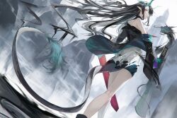 1girl absurdres arknights bare_shoulders black_hair brown_eyes colored_skin dusk_(arknights) earrings eyelashes floating_hair from_below green_hair green_horns green_skin highres holding holding_sheath holding_sword holding_weapon horns jewelry long_eyelashes long_hair looking_back multicolored_hair outdoors painterly parted_lips pointy_ears scabbard see-through_clothes see-through_silhouette sheath silhouette single_bare_shoulder solo streaked_hair sword tail tmt torn torn_clothes two-tone_hair very_long_hair walking weapon