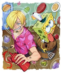 2boys artist_name barrel blonde_hair bread_bun cigar crossover facial_hair food hat highres holding holding_spatula ketchup_bottle lettuce long_bangs male_focus meat multiple_boys one_piece onion percodine pickle pink_shirt print_shirt sanji_(one_piece) shirt smile spatula spongebob_squarepants spongebob_squarepants_(series) tomato tongue tongue_out underwater wooden_floor