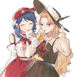2girls black_hat black_skirt black_vest blonde_hair blue_hair commentary_request cowboy_shot cup detached_sleeves disposable_cup dolls_in_pseudo_paradise drinking drinking_straw food grin hand_on_headwear hat hat_ornament highres holding holding_cup holding_food jacket_girl_(dipp) label_girl_(dipp) laspberry. long_hair long_sleeves multiple_girls neck_ribbon red_hat red_ribbon red_skirt ribbon shirt simple_background skirt sleeveless sleeveless_shirt smile star_(symbol) star_hat_ornament steamed_bun touhou very_long_hair vest white_background white_shirt white_sleeves