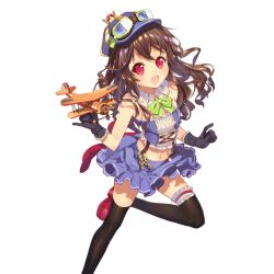 1girl brown_hair female_focus gloves goggles goggles_on_head harunoibuki hat holding key leg_lift long_hair looking_at_viewer midriff official_art open_mouth red_eyes round_teeth skirt solo teeth thighhighs toy_airplane transparent_background uchi_no_hime-sama_ga_ichiban_kawaii