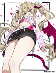 1girl :3 asami-chan black_skirt blonde_hair blush breasts brown_eyes character_request commission copyright_request curly_hair fingernails flower from_below grin highres horns long_fingernails looking_at_viewer midriff miniskirt navel pink_nails pink_shorts shorts skeb_commission skirt small_breasts smile solo sparkle tail twintails wings