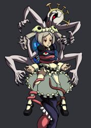 Rule 34 | 2girls, absurdres, apron, bloody marie (skullgirls), bound, bound arms, bound legs, clenched teeth, crown, double (skullgirls), dress, fingernails, frilled apron, frilled dress, frills, frown, grabbing another&#039;s hair, grabbing another&#039;s twintails, grey background, grey hair, hair ornament, half-closed eyes, highres, juliet sleeves, legs apart, long fingernails, long hair, long sleeves, looking at another, looking up, maid headdress, mary janes, monster, multiple girls, niboonskull, puffy sleeves, red eyes, shoes, skull hair ornament, skullgirls, teeth, tentacles, thighhighs, twintails, you gonna get raped