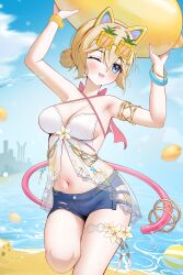1girl absurdres animal_ears arms_up beach blonde_hair blue_eyes blue_shorts breasts cat_ears commentary cowboy_shot day english_commentary fake_animal_ears food fruit hair_between_eyes highres holding knosdeba leg_up lemon long_hair looking_at_viewer medium_breasts michele_(strinova) ocean official_alternate_costume one_eye_closed open_mouth outdoors sand shore short_hair shorts smile solo standing strinova water