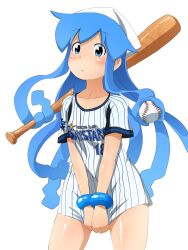 1girl baseball baseball_bat baseball_jersey blue_eyes blue_hair blush feet_out_of_frame female_focus hat highres holding holding_baseball holding_baseball_bat ikamusume jersey legs long_hair matching_hair/eyes open_mouth shinryaku!_ikamusume shiny_skin short_hair solo squid_girl squid_hat standing tentacle_hair