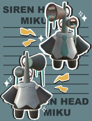 3d absurdres body_horror cable chibi chibi_only detached_sleeves hatsune_miku highres horror_(theme) lavy_(lavnko) monster necktie open_mouth siren_head skirt sparkle teeth vocaloid