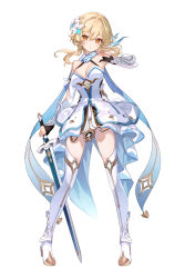1girl blonde_hair boots breasts detached_sleeves dress flower full_body genshin_impact hair_between_eyes hair_ornament highres looking_at_viewer lumine_(genshin_impact) shirokitsune simple_background solo standing sword tachi-e weapon white_background white_boots white_dress yellow_eyes