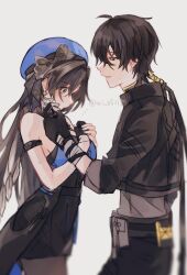 1boy 1girl black_bow black_gloves black_hair blue_hat bow gloves hair_bow hat highres male_rover_(wuthering_waves) mi_08215 rover_(wuthering_waves) tacet_mark_(wuthering_waves) twitter_username wuthering_waves yangyang_(wuthering_waves) yellow_eyes