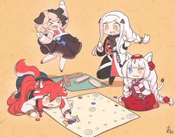 &gt;_&lt; 4girls :3 :d &gt;_&lt; absurdres animal_ears black_hair black_lilith black_lilith_(last_origin) blue_eyes blush blush_stickers cat_ears cat_girl cat_tail chibi chinese_new_year perrault_(last_origin) dog_ears dog_girl dog_tail fenrir_(last_origin) full_body hachiko_of_castling hair_between_eyes hanbok heterochromia highres hoyo jumping korean_clothes last_origin light_brown_hair long_hair multicolored_hair multiple_girls open_mouth red_hair short_hair smile tail traditional_clothes two-tone_hair white_hair wolf_ears wolf_girl wolf_tail xd yellow_eyes