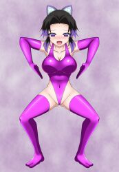 1girl absurdres barefoot black_hair blush boots bowlegged_pose breasts butterfly_hair_ornament cameltoe cleavage closed_eyes collarbone corruption covered_navel gloved_sleeves gluteal_fold grin haigure_pose hair_ornament high_heels highleg highleg_leotard highres kimetsu_no_yaiba kochou_shinobu latex latex_leotard leotard looking_at_viewer mind_control multicolored_hair open_mouth parted_bangs pink_leotard purple_hair raised_eyebrows sansiki_high_gle shaded_face short_hair smile solo thigh_boots v-shaped_eyebrows
