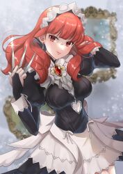 1girl alternate_costume black_gloves celica_(fire_emblem) commission dress earrings fingerless_gloves fire_emblem fire_emblem_echoes:_shadows_of_valentia fire_emblem_fates gem gloves holding holding_knife jewelry knife long_hair maid maid_headdress mirror nintendo nohrian_maid_uniform orange_eyes orange_hair princess red_gemstone ribbon short_dress skeb_commission snow20200