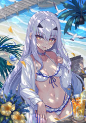 Rule 34 | 1girl, bare shoulders, beach, bikini, breasts, choker, fate/grand order, fate (series), forked eyebrows, highres, hoodier, jacket, long hair, long sleeves, looking at viewer, melusine (fate), navel, outdoors, sidelocks, small breasts, solo, swimsuit, white bikini, white hair, yellow eyes