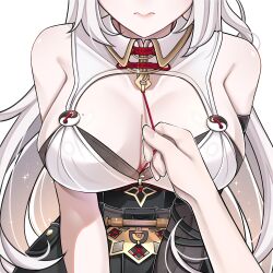 1girl absurdres adapted_costume asymmetrical_gloves bare_shoulders breast_focus breasts cleavage close-up closed_mouth commentary elbow_gloves english_commentary eyes_out_of_frame gloves hair_ornament head_out_of_frame highres large_breasts long_hair mole mole_on_chest rosheil single_elbow_glove solo_focus white_hair yin_yang_pin yixuan_(zenless_zone_zero) zenless_zone_zero