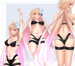 1girl absurdres ahoge archetype_earth archetype_earth_(third_ascension) arcueid_brunestud arm_up armpits ass bikini bikini_bottom_only bikini_pull bikini_top_only black_bikini blonde_hair blue_notuki blush breasts clothes_pull fate/grand_order fate_(series) flower flustered hair_flower hair_ornament highres holding_own_arm huge_ass huge_breasts large_breasts long_hair looking_at_viewer looking_back navel one_eye_closed simple_background stretching swimsuit thick_thighs thighs