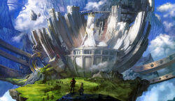 1girl architecture blue_sky city cityscape cloud crown day fantasy flying giant giantess grass medium_hair mountain nature noba nude original outdoors robe rock scenery sky statue sunlight tree wide_brim
