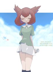 1girl arms_behind_back bianca_(pokemon_heroes) black_socks blue_sky brown_hair closed_eyes closed_mouth cloud gen_3_pokemon green_shirt highres kneehighs latias latios legendary_pokemon legs_together miniskirt nintendo noi_(noi_pk27) pokemon pokemon_(anime) pokemon_(classic_anime) pokemon_(creature) pokemon_heroes:_latios_&amp;_latias shirt short_hair short_sleeves skirt sky smile socks standing white_skirt