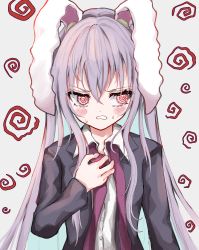 1girl @_@ absurdres animal_ears blazer blush collared_shirt ears_down embarrassed hair_ornament hair_tie hand_on_own_chest highres jacket kayon_(touzoku) long_hair looking_down necktie open_mouth purple_hair rabbit_ears red_eyes reisen_udongein_inaba shirt solo spiral sweat touhou undone_necktie very_long_hair